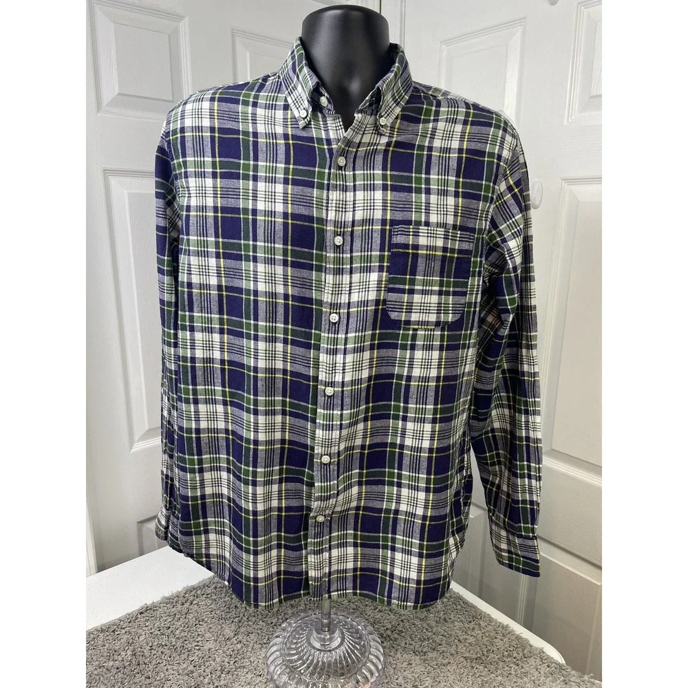 J. Crew Indian Madras‎ Men Slim Fit Plaid Button Down Blue Green L/S Shirt XL.